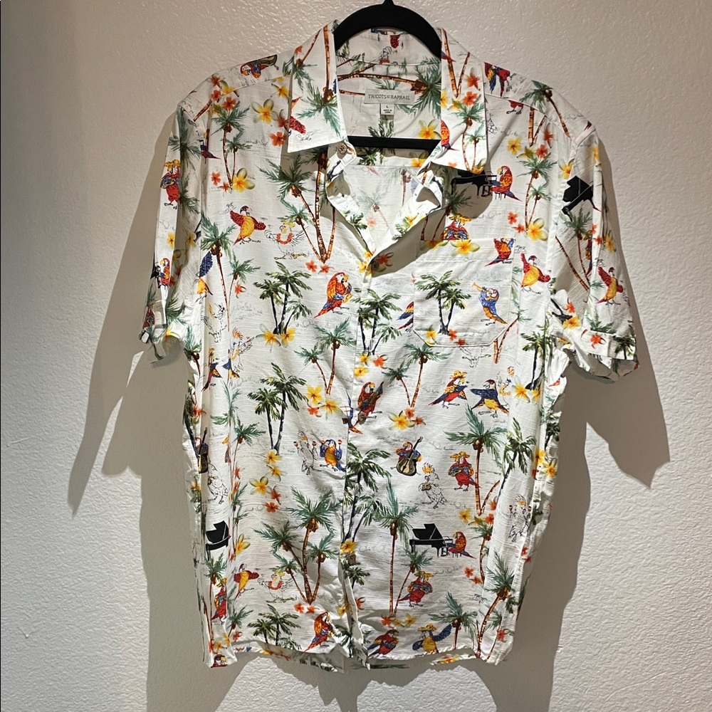 Tricots St. Raphael Men's Hawaiian Shirt Size L Musical Parrots Macaw Tropical